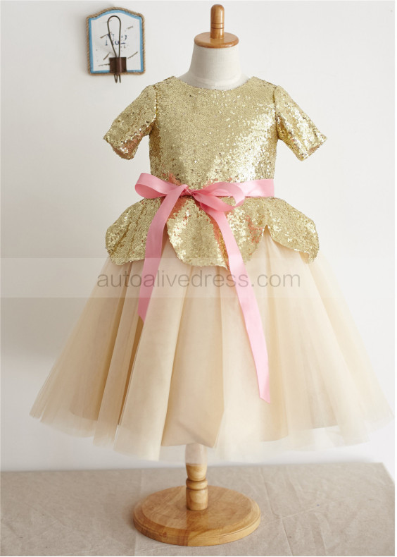 Gold Sequin Champagne Tulle Short Sleeves Tea Length Flower Girl Dress 